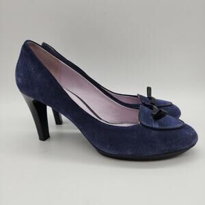 Johnston & Murphy Cord Heels Size 9.5 Blue Ribbed Fabric Round Toe Suede Bow